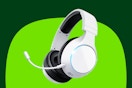 A white wireless bluetooth gaming headset with black accents and a white microphone