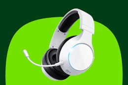 A white wireless bluetooth gaming headset with black accents and a white microphone