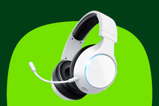 A white wireless bluetooth gaming headset with black accents and a white microphone