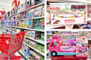 lego sets, mario kart set, and little people barbie camper together