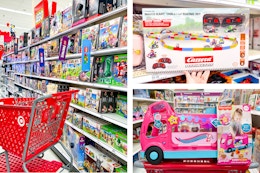 lego sets, mario kart set, and little people barbie camper together