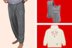 sports hoodie, sweatpants, and slippers in a collage