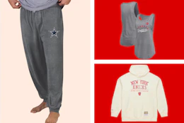 sports hoodie, sweatpants, and slippers in a collage