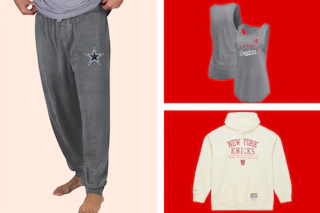sports hoodie, sweatpants, and slippers in a collage