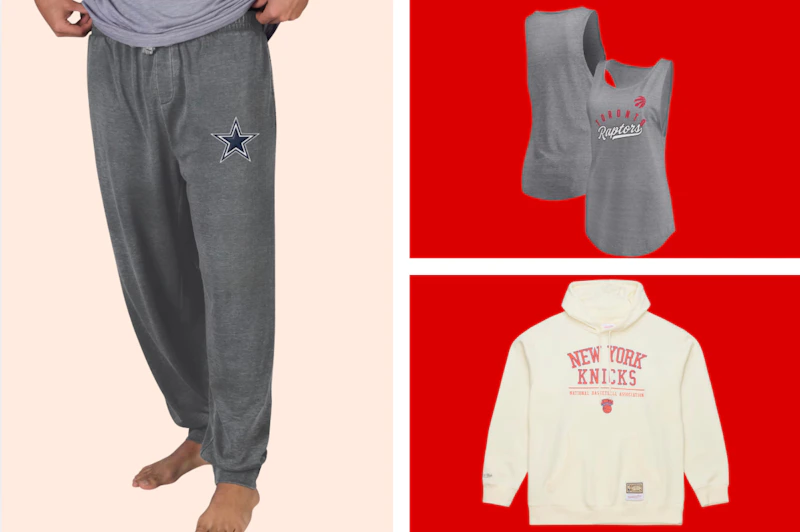 sports hoodie, sweatpants, and slippers in a collage