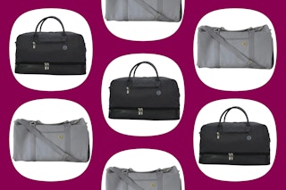 Black and gray weekender bags on a maroon background