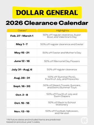 Dollar General Clearance Event 2026 Calendar