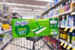 swiffer sweeping kit on a cart in an aisle