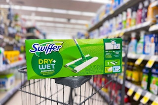 swiffer sweeping kit on a cart in an aisle