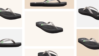 A collage of Sanuk silver flip flops.