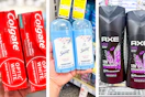 collage image of colgate toothpaste, secret deodorant, and axe body wash