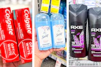 collage image of colgate toothpaste, secret deodorant, and axe body wash