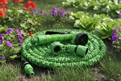 an expandable hose in a garden