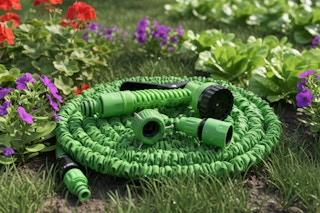 an expandable hose in a garden