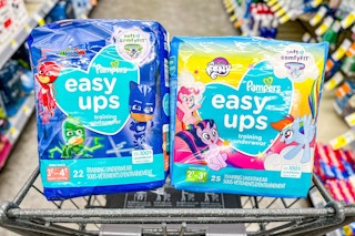 two packs of pampers easy ups in a walgreens cart