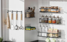 a organizers in a kitchen with tools and spices on it