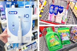 collage image of oral-b electric toothbrush, crest toothpaste, and gain detergent
