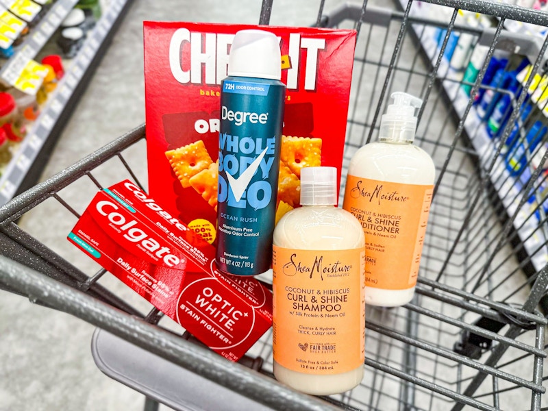 cheez-it, degree deodorant, colgate toothpaste, and shea moisture hair care in a cart