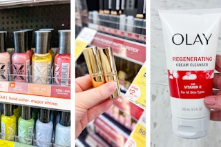 collage image of nail polish, lipstick, and olay