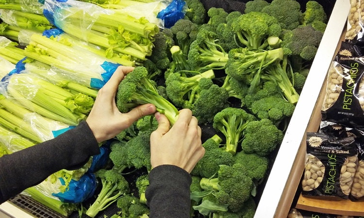 A person breaking off a broccoli stalk in a store.