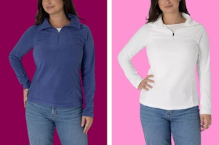 collage image of women wearing blue or white columbia half zip fleece jackets