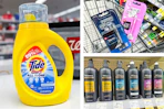 collage image of tide simply detergent, tresemme shampoo, and walgreens brand razors