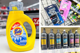 collage image of tide simply detergent, tresemme shampoo, and walgreens brand razors