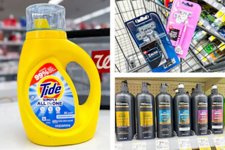 collage image of tide simply detergent, tresemme shampoo, and walgreens brand razors