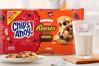 Chips Ahoy Chewy Cookies with Reese's and a glass of milk