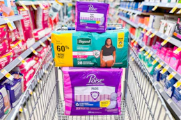 walgreens poise and depend products stacked in a shopping cart