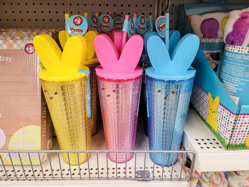 peeps tumblers on a shelf