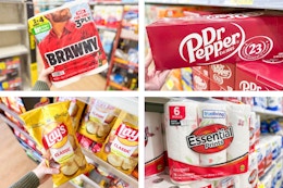 dollar general dr. pepper, lay's, true living, brawny 4-photo collage