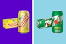 A 12-pack of 12-ounce cans of Squirt Grapefruit Soda and 7UP Lemon-Lime Soda. Each has a larger can in front of the 12-pack.