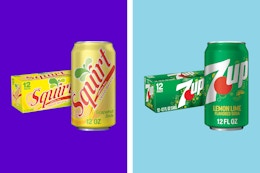 A 12-pack of 12-ounce cans of Squirt Grapefruit Soda and 7UP Lemon-Lime Soda. Each has a larger can in front of the 12-pack.