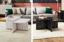 Two Faux Marble Coffee Tables from CosmoLiving at Walmart (lifestyle images in living room settings)