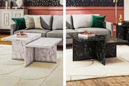 Two Faux Marble Coffee Tables from CosmoLiving at Walmart (lifestyle images in living room settings)