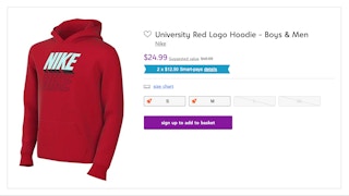 zulily screenshot of mens and boys red university nike logo hoodie