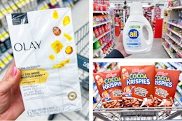 collage with olay beauty bars, all detergent, and cocoa krispies cereal