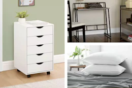 3 lifestyle images: storage, desk & pillow set