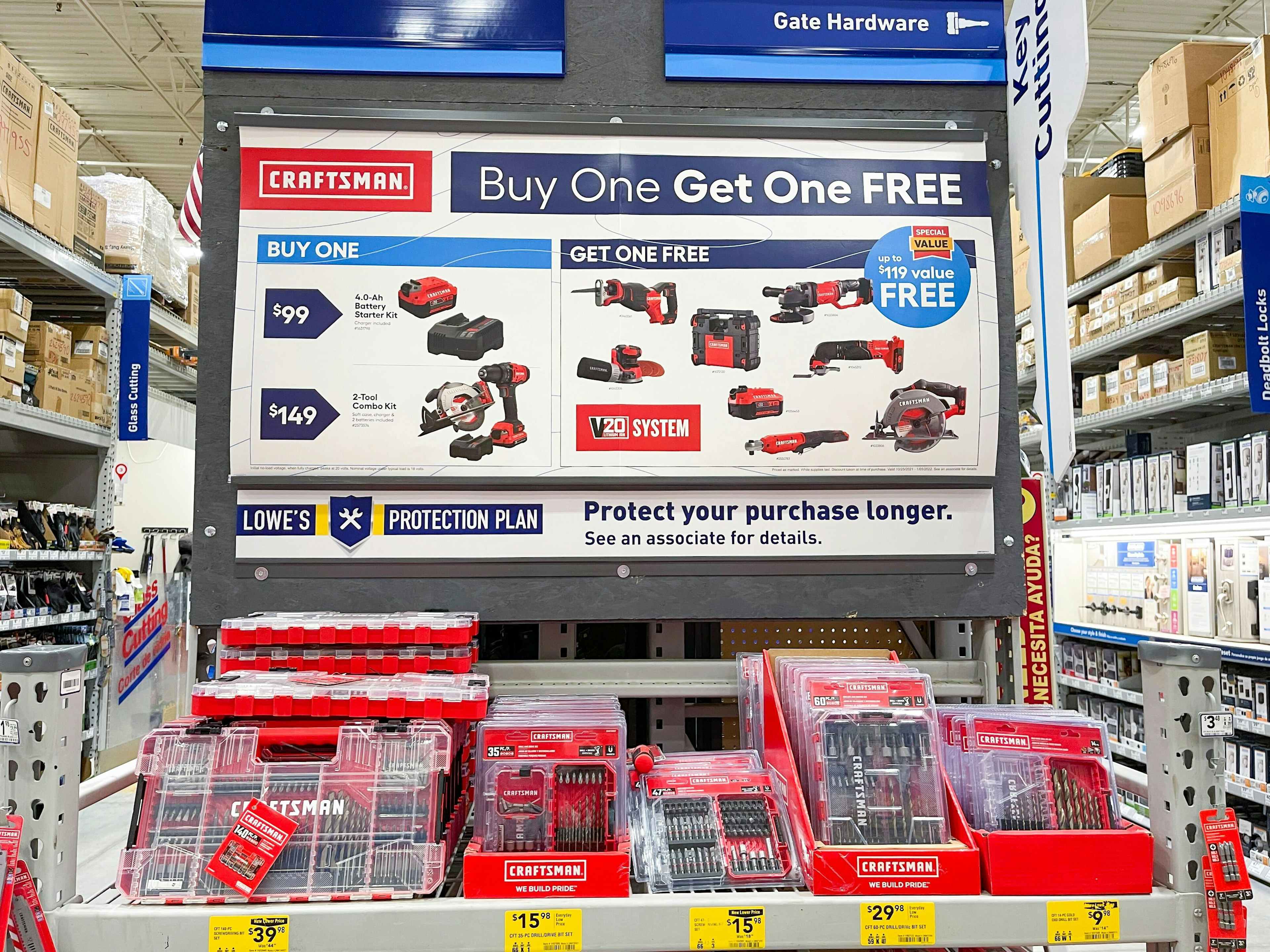 A sign at Lowe's that says Buy One Get One Free Crafstman Tools