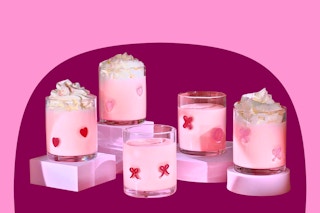 Lifestyle image of Thyme & Table drinking glasses with Valentine's Day themes like hearts