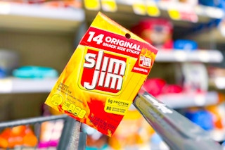 box of 14 slim jim snack sticks on a cart