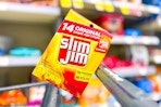 box of 14 slim jim snack sticks on a cart