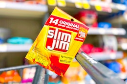 box of 14 slim jim snack sticks on a cart