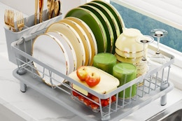 a dish drainer rack on a counter