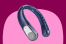gray-blue neck fan with vents on the sides and around the neck, silver air vents on ends