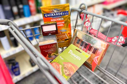 maybelline eyeshadow, mix bar perfumes, ghirardelli chocolates, and a panera gift card in a cart