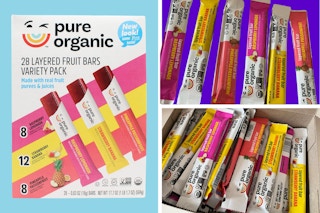 A box of fruit bars, fruit bars on a purple background, an open box of fruit bars