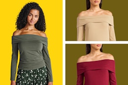 3 colors of the Time and Tru Women’s Fold Over Off Shoulder Top with Long Sleeves