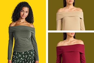3 colors of the Time and Tru Women’s Fold Over Off Shoulder Top with Long Sleeves